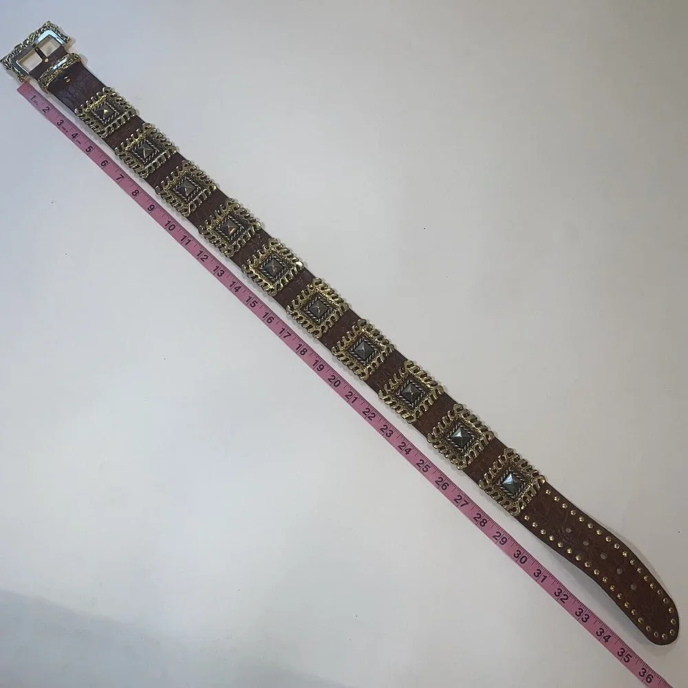 NANNI Italy Brown Leather Silver Gold Stud Belt Croc Boho Stud Size 85/34 - Picture 5 of 9